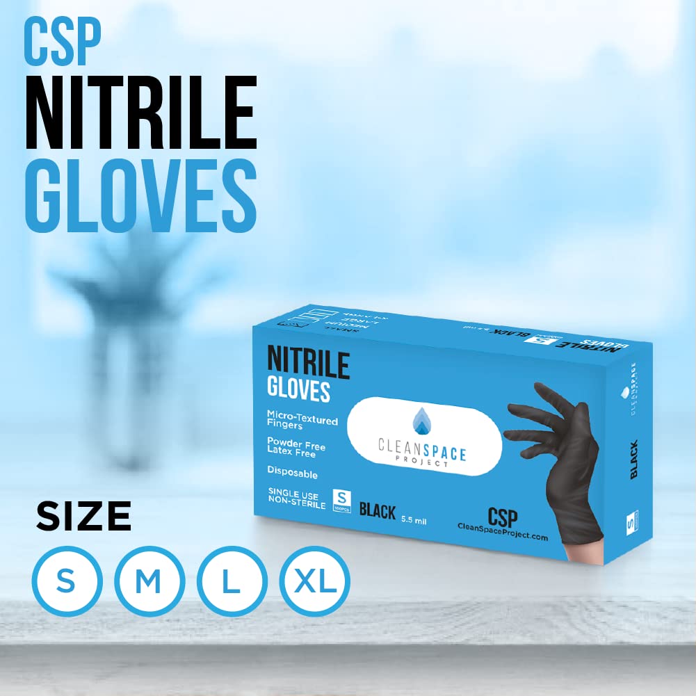 CLEAN SPACE PROJECT Nitrile Gloves, Extra Thick 5.5 Mil, Disposable, Powder Free, Latex Free (Black - Large, Box of 100)