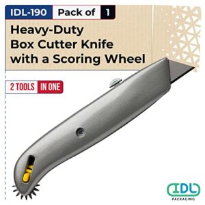 IDL Packaging IDL-190 HD Retractable Box Cutter with Scoring Wheel (Pack of 1) - Heavy-Duty Box Resizer Tool with Push Tab and Lock Function - Handy Score Knife Tool for Cardboard