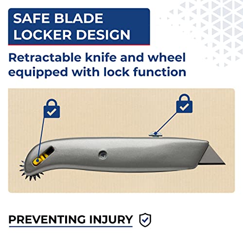 IDL Packaging IDL-190 HD Retractable Box Cutter with Scoring Wheel (Pack of 1) - Heavy-Duty Box Resizer Tool with Push Tab and Lock Function - Handy Score Knife Tool for Cardboard