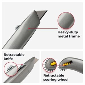 IDL Packaging IDL-190 HD Retractable Box Cutter with Scoring Wheel (Pack of 1) - Heavy-Duty Box Resizer Tool with Push Tab and Lock Function - Handy Score Knife Tool for Cardboard