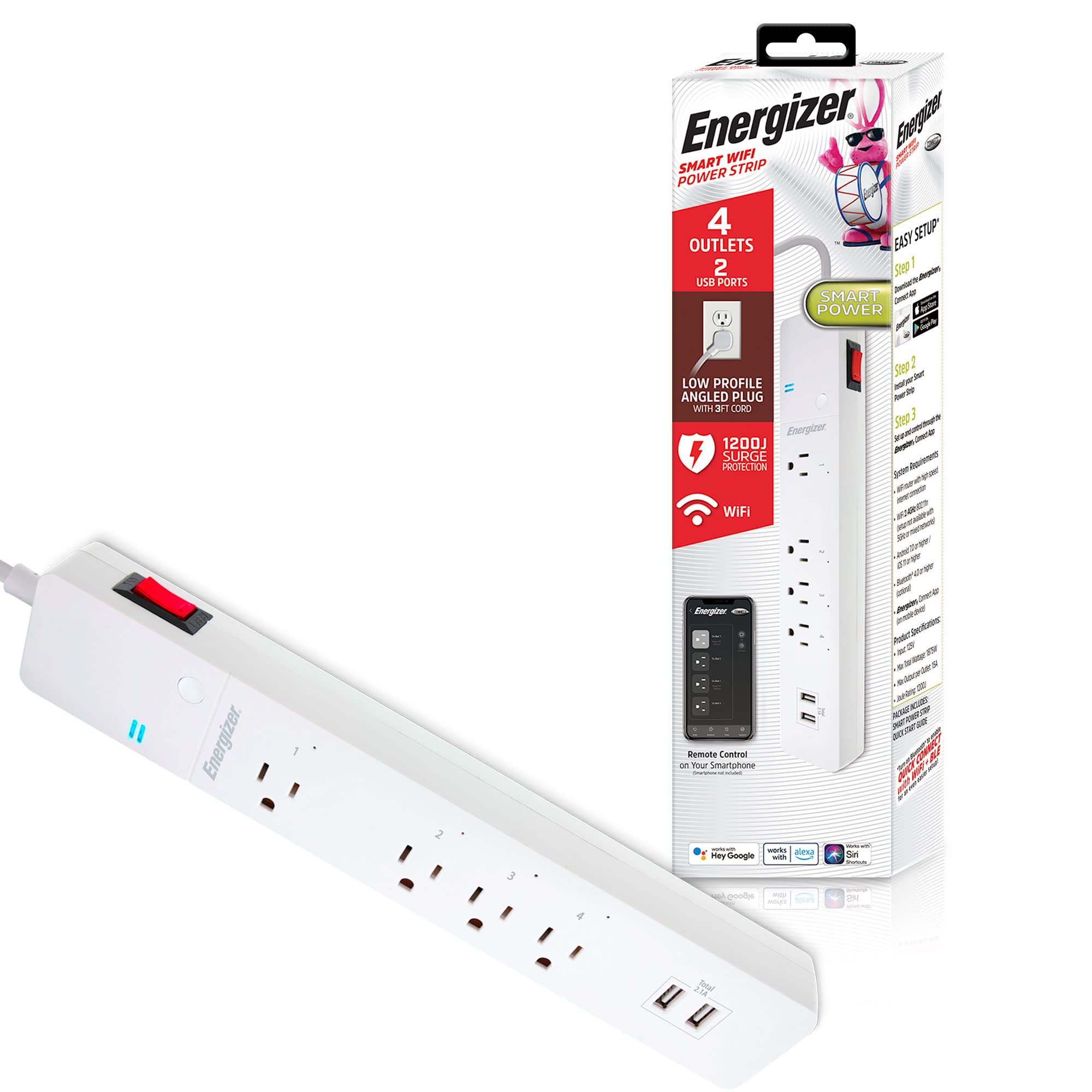 Energizer Smart Wi-Fi 4 Outlet 2 USB Power Strip, 1,200 Joules, Powers 4 Separate Items, Charge Compatible Devices, Compatible with Alexa/Siri/Google Assistant…