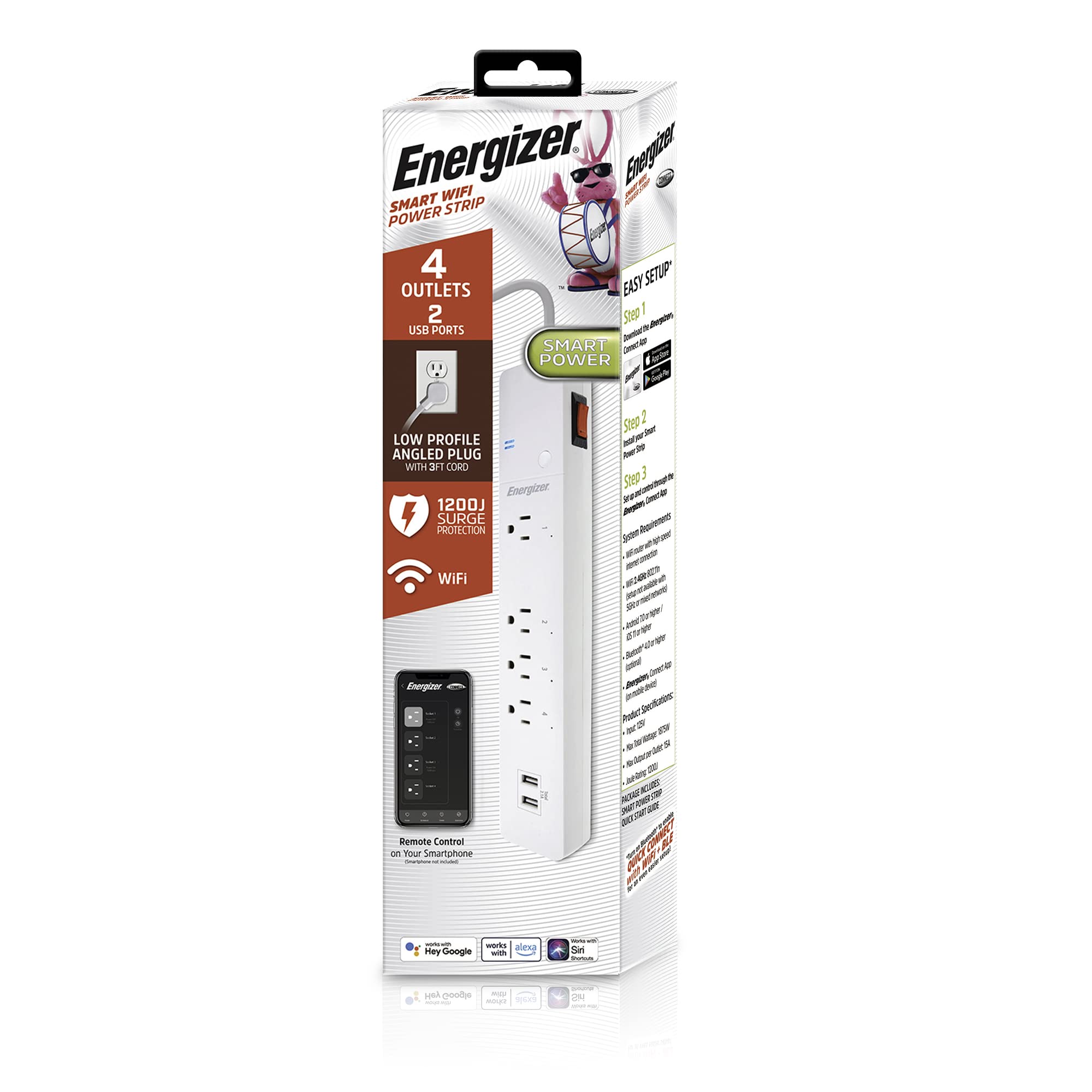 Energizer Smart Wi-Fi 4 Outlet 2 USB Power Strip, 1,200 Joules, Powers 4 Separate Items, Charge Compatible Devices, Compatible with Alexa/Siri/Google Assistant…