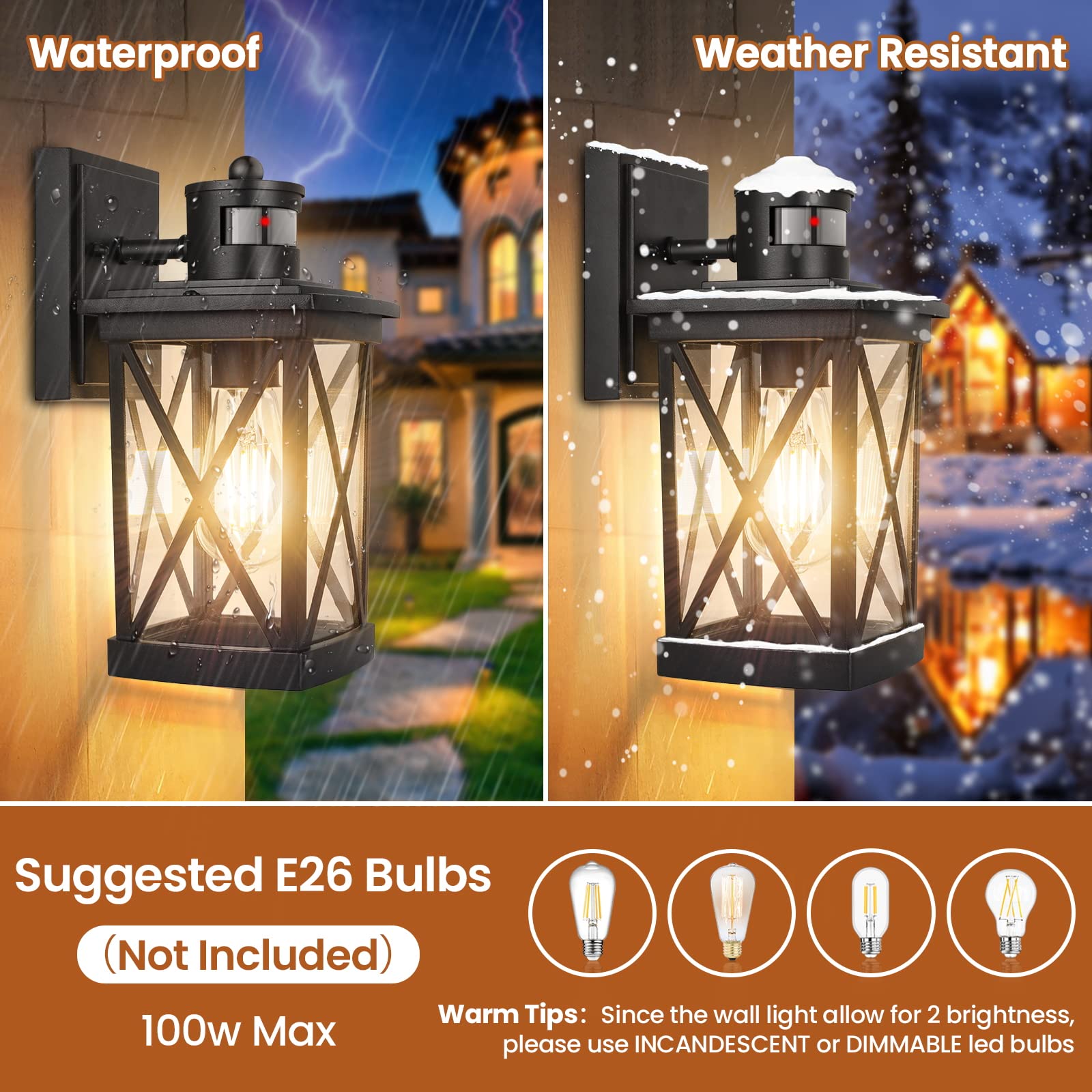 2-Pack Motion Sensor Outdoor Wall Lights, Dusk to Dawn Exterior Light Fixtures Wall Mount, Black Outdoor Sensor Lights For Outside House Garage Porch Patio, LED Wall Lantern Sconce Lights Waterproof