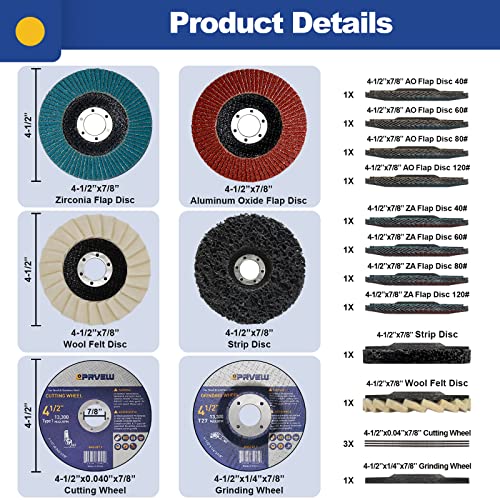 PRVEW 14PCS 4.5"x7/8“ Flap Disc&Grinding Polishing Cutting Wheel Set, 8PC T29 Zirconia&Alumina Flap Disc 40 60 80 120Grit with Grinding and Cutting Wheel, Wool Felt Disc, Strip Disc for Angle Grinder