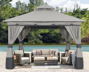 abccanopy 8'x8' outdoor gazebo, double roof patio gazebo with and shade curtains, light gray