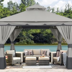 ABCCANOPY 8'x8' Outdoor Gazebo, Double Roof Patio Gazebo with and Shade Curtains, Light Gray