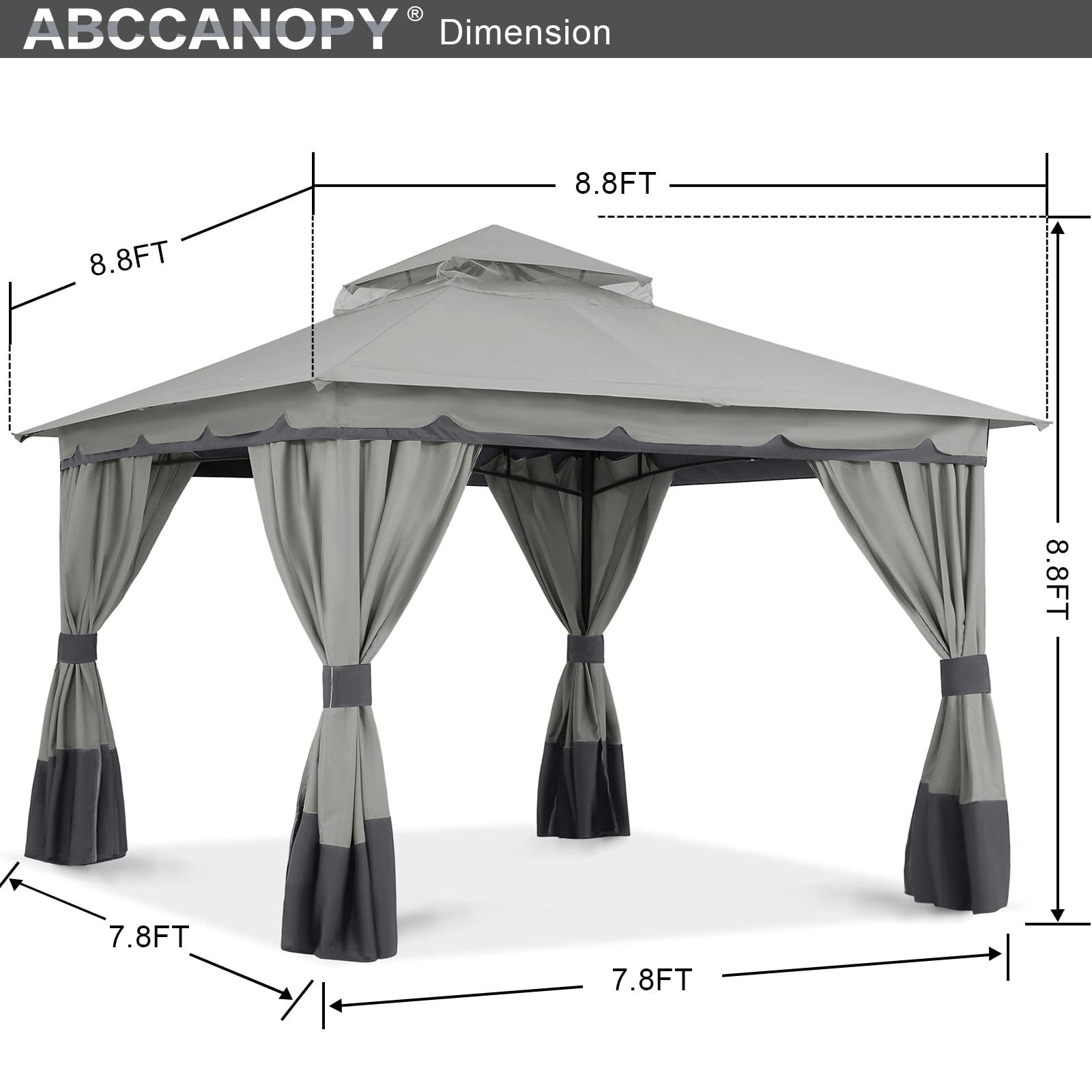 ABCCANOPY 8'x8' Outdoor Gazebo, Double Roof Patio Gazebo with and Shade Curtains, Light Gray