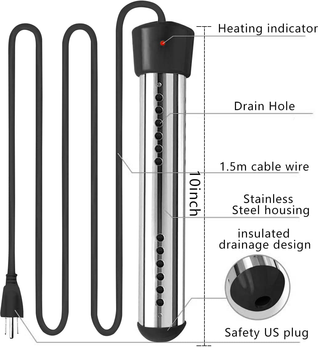 Memoryee Immersion Water Heate Portable Electric Stainless-Steel Heaters with Guard Cover Submersible Home Instant Water Heater with and for Travel Camping Hot Bathtub Mini Inflatable Pool Black