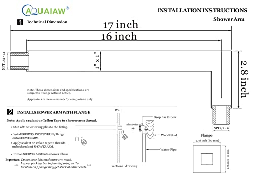 Aquaiaw Square Shower Arm and Anti-Scratch O-Ring Flange, 16 inch, Solid Brass, Soldered 90 Degree Drop, Both Soldered 1/2 NPT Tapered Threads, Wall Rain Shower Head Extension Arm (Matte Black)