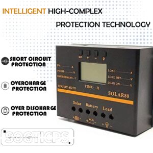 SOGTICPS 80A PWM Solar Charge Controller 12V 24V Solar Panel Charger Discharge Regulator with 5V USB Output Multip Circuit Protection Solar Charger ABS Housing Discharge Regulator