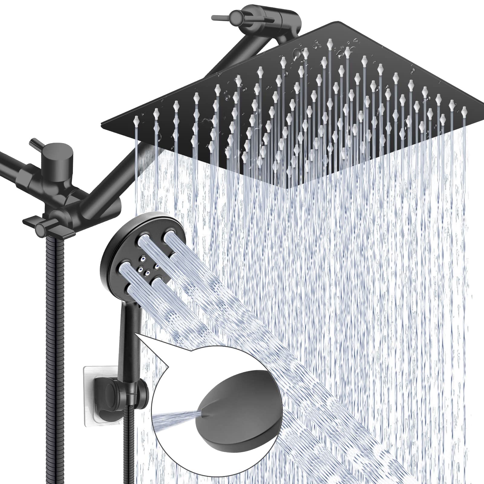 XaGai 10" Rustproof & High Pressure Rainfall Shower Head with Handheld, 11" Extension Arm, 6 Spray Settings, Built-in Tile Power Wash, Easy Installation