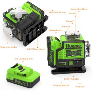 Huepar 4x360° Laser Level Self Leveling 4D Green Beam Bluetooth Connectivity Laser Tool-360 Horizontal&Vertical Laser Lines, Remote Control, Li-ion Battery, Hard Case, Magnetic Bracket Included -P04CG