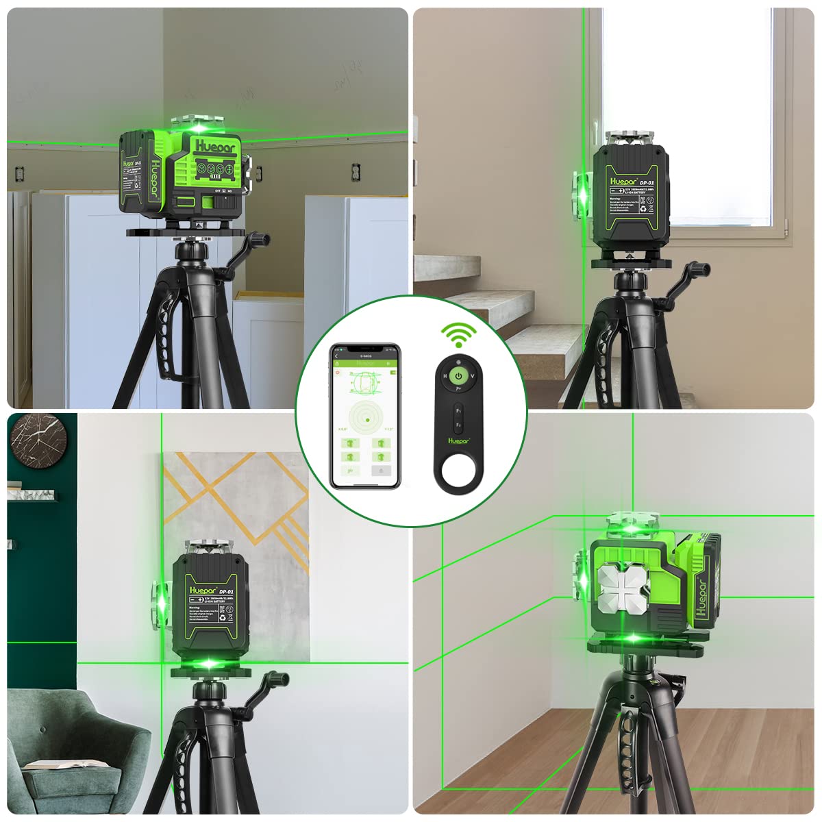 Huepar 4x360° Laser Level Self Leveling 4D Green Beam Bluetooth Connectivity Laser Tool-360 Horizontal&Vertical Laser Lines, Remote Control, Li-ion Battery, Hard Case, Magnetic Bracket Included -P04CG