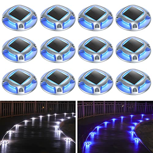 AGPTEK Solar Driveway Lights Outdoor 12 Pack, Solar Deck Lights 2 Color Modes Dock Lights Waterproof Driveway Markers Step Lights for Sidewalk Stair Garden Pathway Walkway Yard(Blue Light/Cool White)