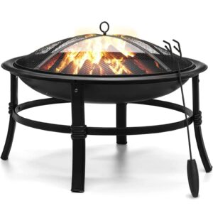 singlyfire 26 inch fire pit with cover for outside outdoor wood burning firepit bowl heavy duty bonfire pit steel firepit for patio backyard camping deck picnic porch with spark screen,log grate,poker