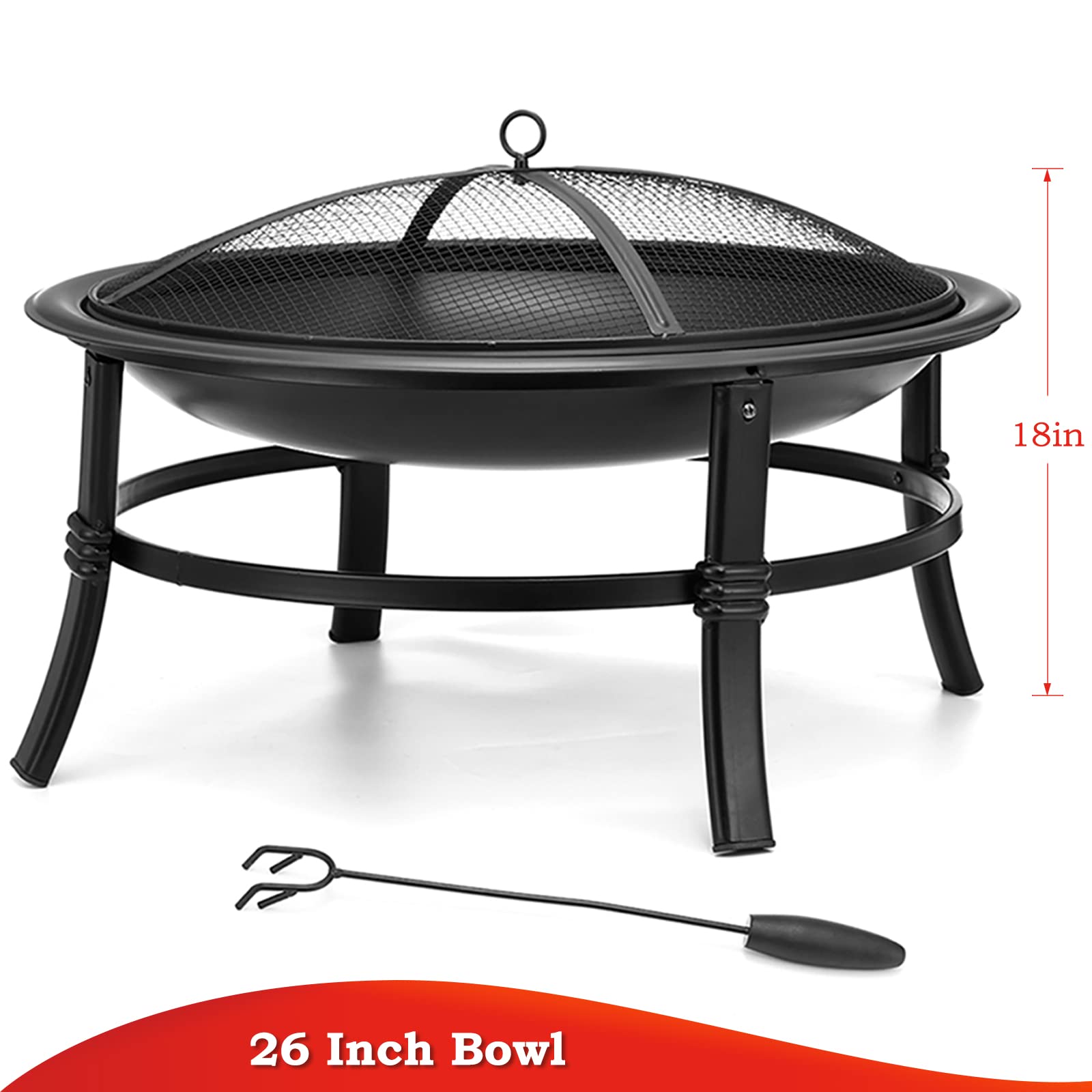 SINGLYFIRE 26 Inch Fire Pit with Cover for Outside Outdoor Wood Burning Firepit Bowl Heavy Duty Bonfire Pit Steel Firepit for Patio Backyard Camping Deck Picnic Porch with Spark Screen,Log Grate,Poker