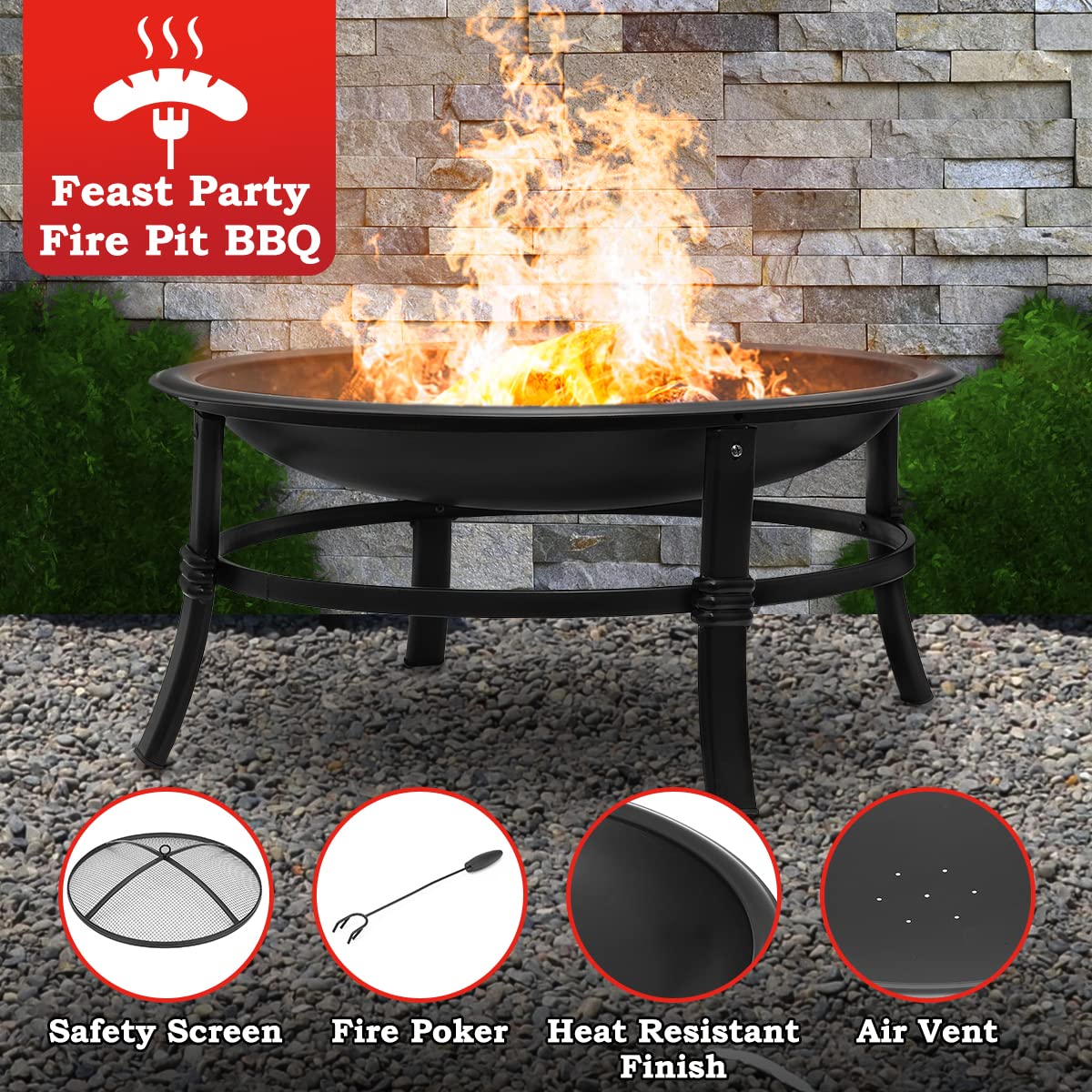 SINGLYFIRE 26 Inch Fire Pit with Cover for Outside Outdoor Wood Burning Firepit Bowl Heavy Duty Bonfire Pit Steel Firepit for Patio Backyard Camping Deck Picnic Porch with Spark Screen,Log Grate,Poker