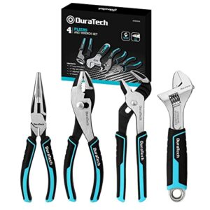 duratech 4-piece pliers set, 8" long nose pliers, 8" slip joint pliers, 8" groove joint pliers and 8" adjustable wrench, for home use