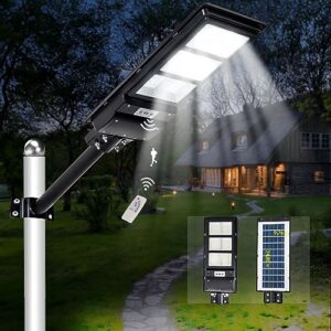 DHrtara Solar Outdoor Lights, 600W LED Street Lights, IP67 Waterproof Security Flood Light, Dusk to Dawn with Motion Sensor & Remote Control for Courtyard Road,Exterior Wall, Patio, Yard, Deck, Garden