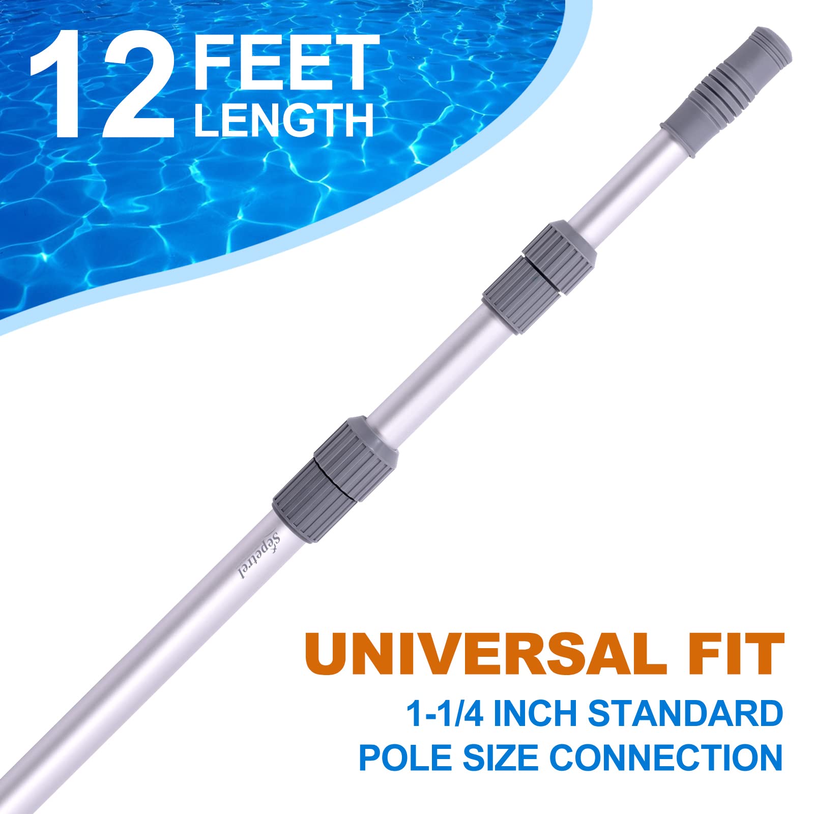 Sepetrel Pool Pole - Professional 12 Foot Telescoping Swimming Pool Cleaning Poles,Adjustable 2 Piece Telescopic Pole,for Skimmer Net,Brush,Vacuum Head