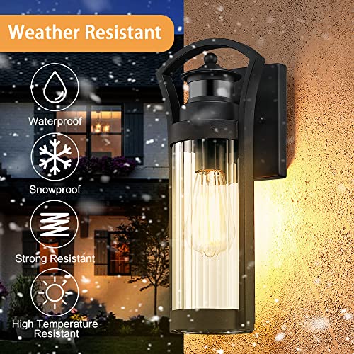 PTRWOROA Dusk to Dawn Motion Sensor Outdoor Wall Light, 15 Inches Large Black Exterior Wall Sconce Lantern Lighting with Ribbed Glass, Wall Mounted Light Fixture for Garage Porch Patio