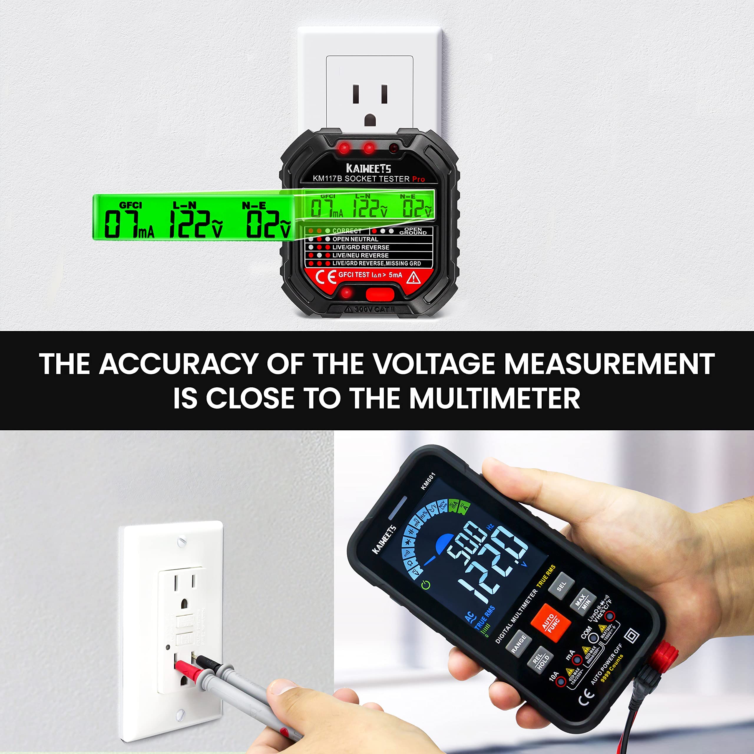 KAIWEETS Non-Contact Voltage Tester with Dual Range AC 12V-1000V & GFCI Tester