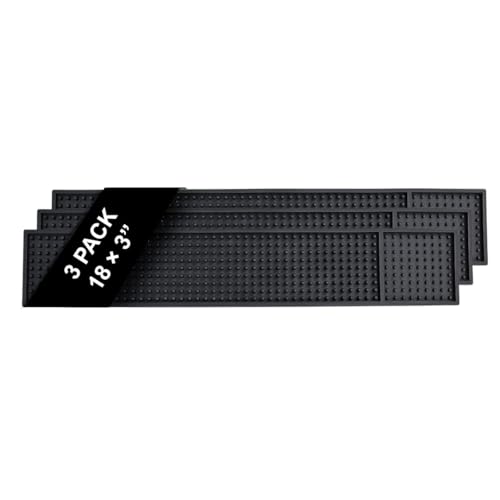 ProTensils 18" x 3" Rail Bar Mat 3Pcs - Flat Packed - Rubber Bar Service Spill Mats for Counter-Top - Black Bar Mats - Home Bar Mat