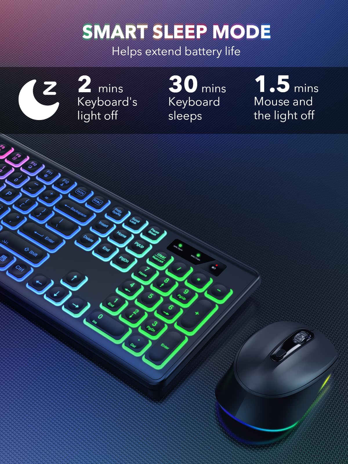 Wireless Keyboard and Mouse Backlit, Quiet Light Up Keys, Tilt Legs, Sleep Mode - Rechargeable USB Cordless Combo for Computer, iMac, PC, Laptop - by SABLUTE, Black