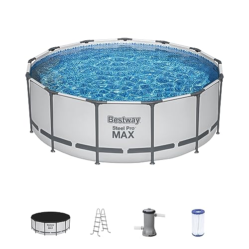 Bestway Steel Pro MAX 13 Foot x 48 Inch Round Metal Frame Above Ground Outdoor Swimming Pool Set with 1,000 Filter Pump, Ladder, and Cover