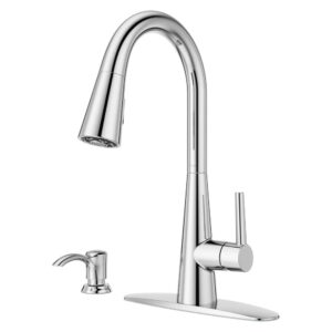 pfister barulli kitchen faucet with pull down sprayer and soap dispenser, single handle, high arc, polished chrome finish, f5297barc