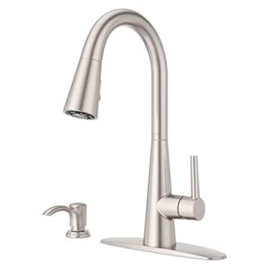 pfister barulli kitchen faucet with pull down sprayer and soap dispenser, single handle, high arc, spot defense stainless steel finish, f5297bargs