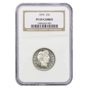 1894 no mint mark american silver barber quarter pf-69 cameo by coinfolio $0.25 ngc pf69cam