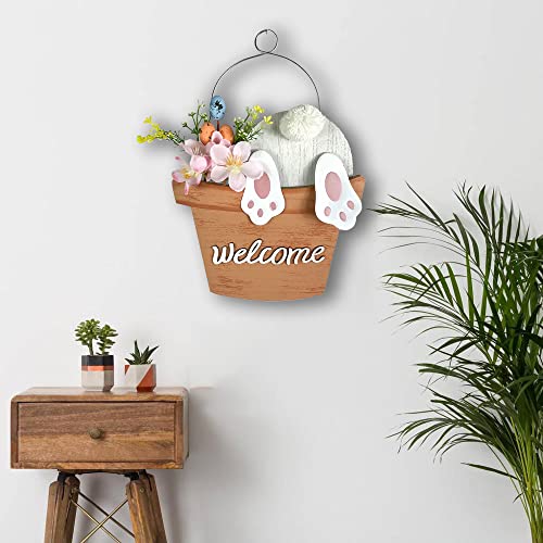 HOMirable Easter Sign Welcome Bucket Bunny Wall Decor Farmhouse Rabbit Decorations for Home Rustic Wooden Hanging Sign Funny Bunny Decor for Front Door Garden Yard Indoor Outdoor Holiday