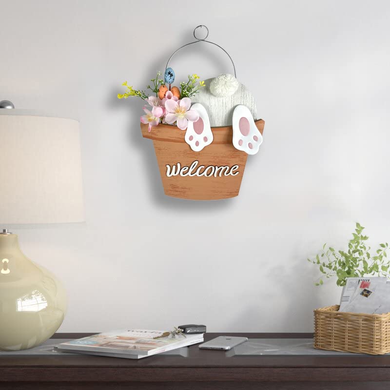 HOMirable Easter Sign Welcome Bucket Bunny Wall Decor Farmhouse Rabbit Decorations for Home Rustic Wooden Hanging Sign Funny Bunny Decor for Front Door Garden Yard Indoor Outdoor Holiday
