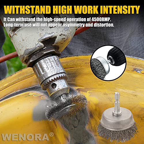 WENORA 9 Pcs Wire Brush Wheel for Drill, 0.012 Coarse Carbon Steel Crimping Wire Brush for Drill, 1/4 Inch Hex Shank, Wire Brush Drill Bit, Wire Brush for Rust Removal, Wire Brush Drill Attachments