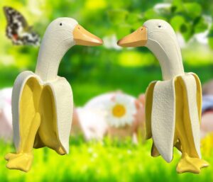 tellme 2 pcs banana duck statues, creative whimsical garden art resin sculptures, cute ducks gnomes decor for room, porch, office, home, funny outdoor naughty banana ornament, personalized gifts.