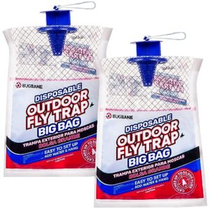 outdoor fly traps. 2 natural pre-baited fly bags - disposable big bag fly trap bag fly catchers. stable horse ranch fly trap. disposable outdoor hanging fly killer