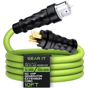 gearit 50-amp generator extension cord (10 ft) inline nema 14-50p to ss2-50r twist lock connector stw 6/3+8/1 awg 125/250v for 50a power inlet box, rv camper, generator to house - 10 feet