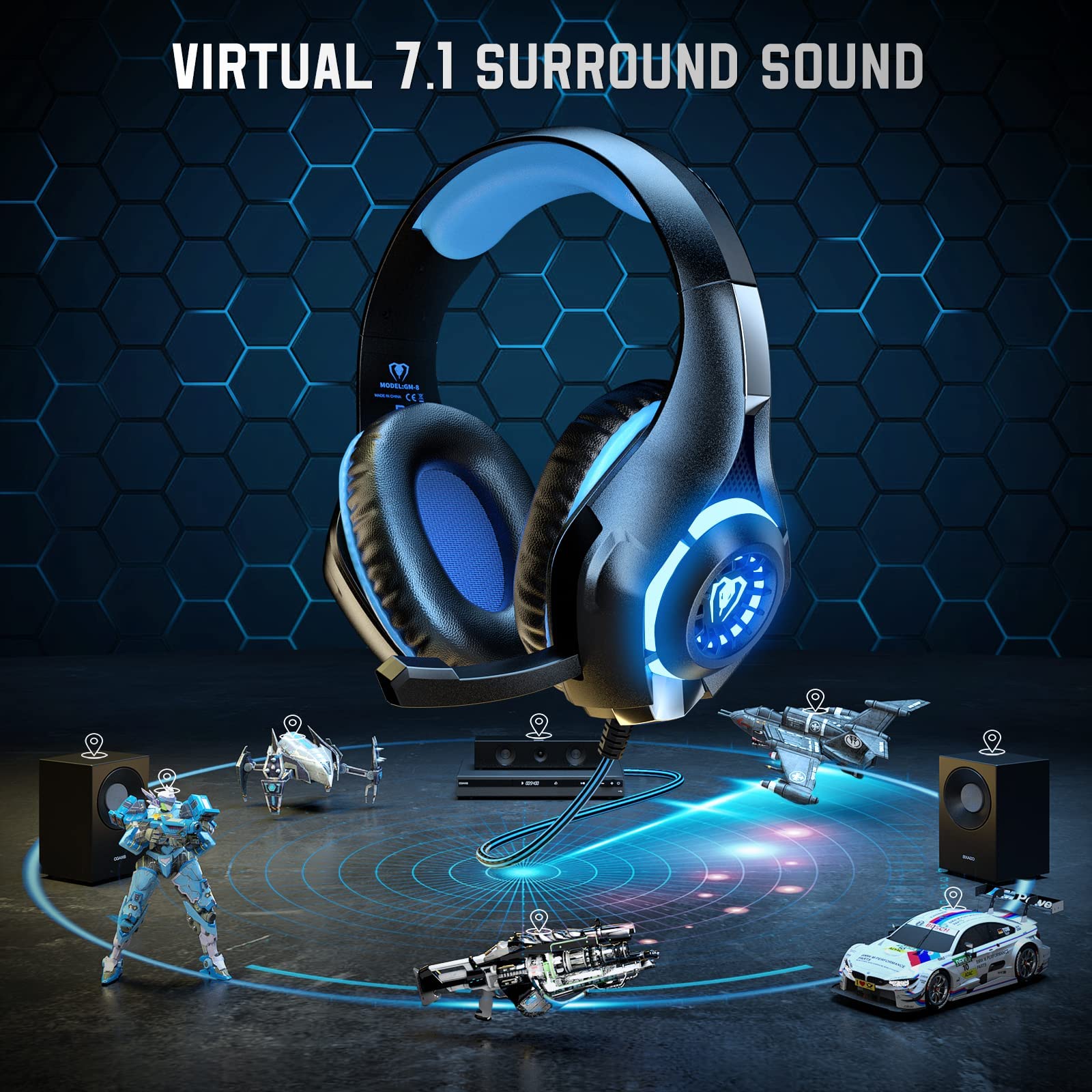 7.1 Gaming Headset for PC, Computer Gaming Headphones with Noise Cancelling Mic/Microphone, PC Gaming Headset with LED Lights for PC, PS4/PS5 Console, Laptop