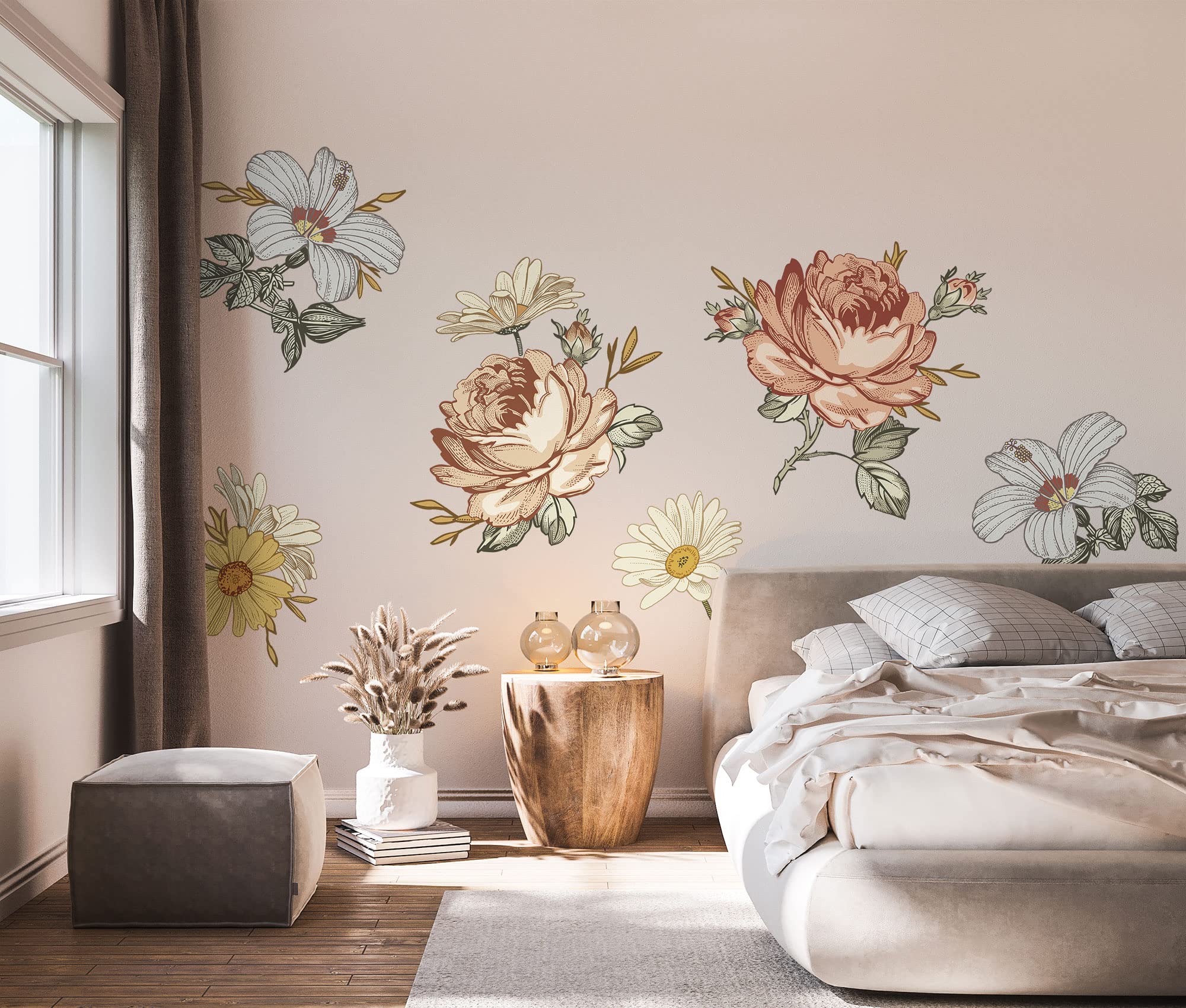 Murwall Kids Floral Wall Decal Soft Vintage Peony Flower Wall Sticker