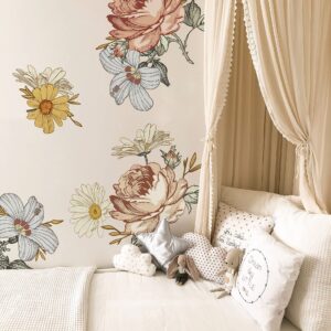 Murwall Kids Floral Wall Decal Soft Vintage Peony Flower Wall Sticker