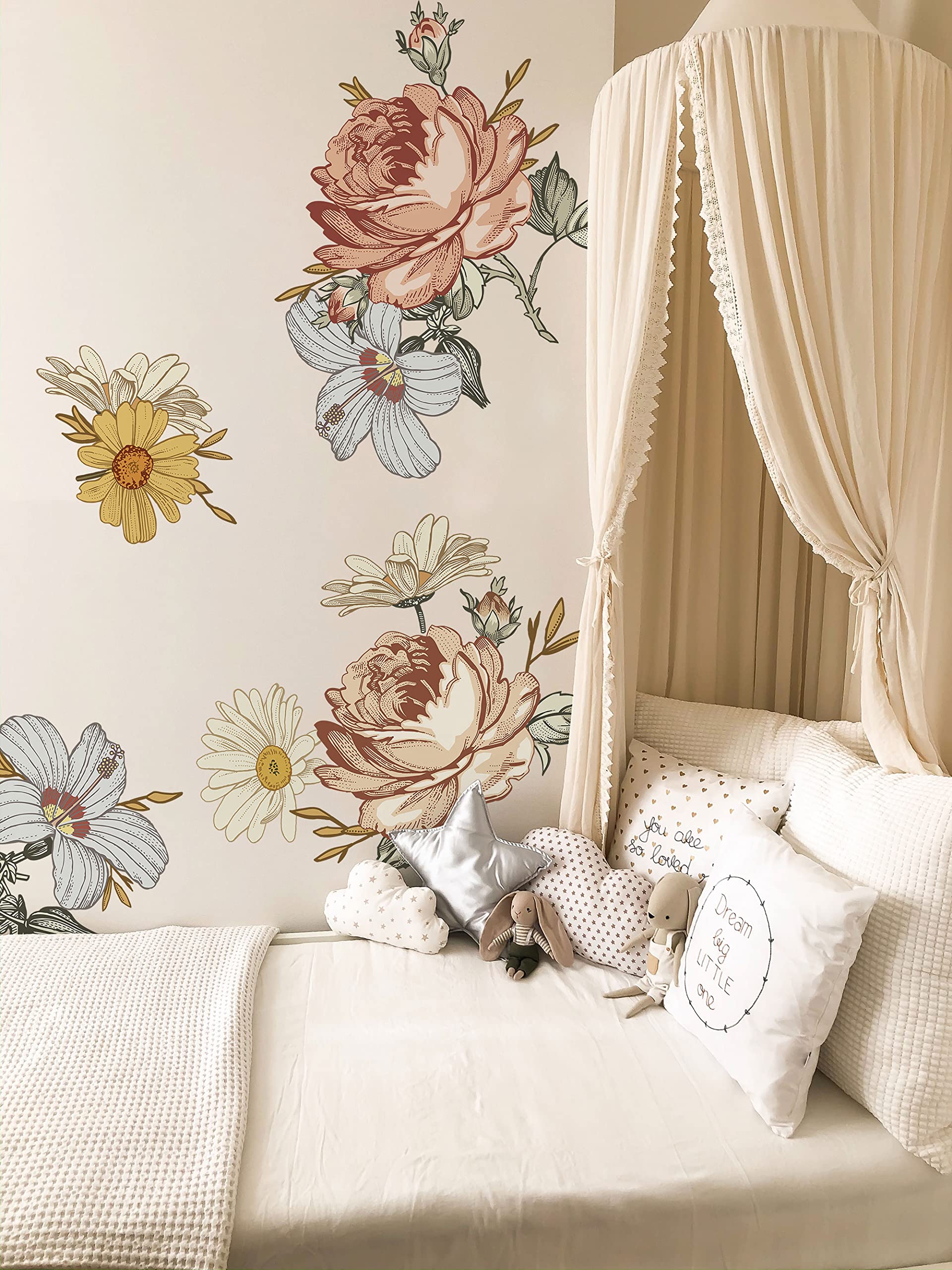 Murwall Kids Floral Wall Decal Soft Vintage Peony Flower Wall Sticker