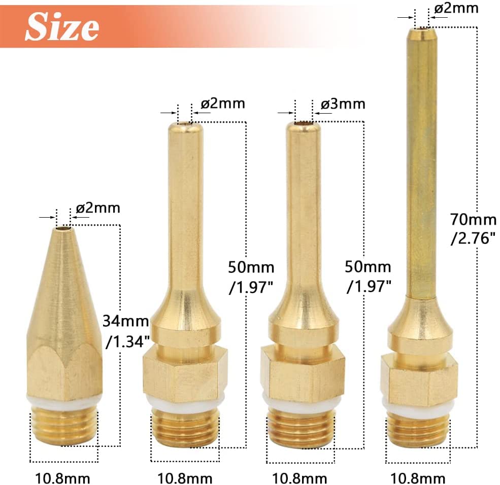 Eyech 4 pack Interchangeable Hot Glue Gun Nozzles Copper Glue Gun Nozzle Assortment Set for Melting Glue Gun Use Craft Repair Tool 2.0x70mm 2.0x50mm 2.0x34mm 3.0x50mm