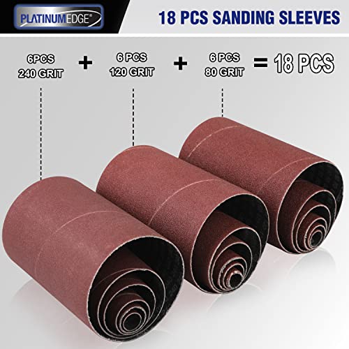 PLATINUMEDGE 18 Pieces Spindle Sander Sleeves, 6 Size assorted with 80, 120, 240 Grit Sandpaper, 1/2", 3/4", 1", 1-1/2", 2", 3" Diameter, Made of premium Aluminum Oxide Abrasive Sanding Sleeve 18-Pack