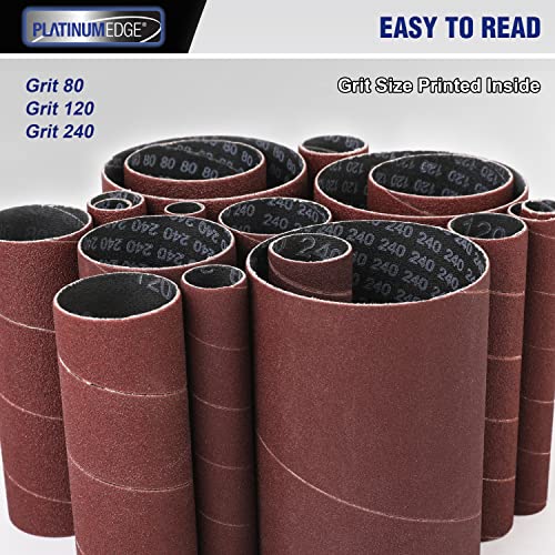 PLATINUMEDGE 18 Pieces Spindle Sander Sleeves, 6 Size assorted with 80, 120, 240 Grit Sandpaper, 1/2", 3/4", 1", 1-1/2", 2", 3" Diameter, Made of premium Aluminum Oxide Abrasive Sanding Sleeve 18-Pack