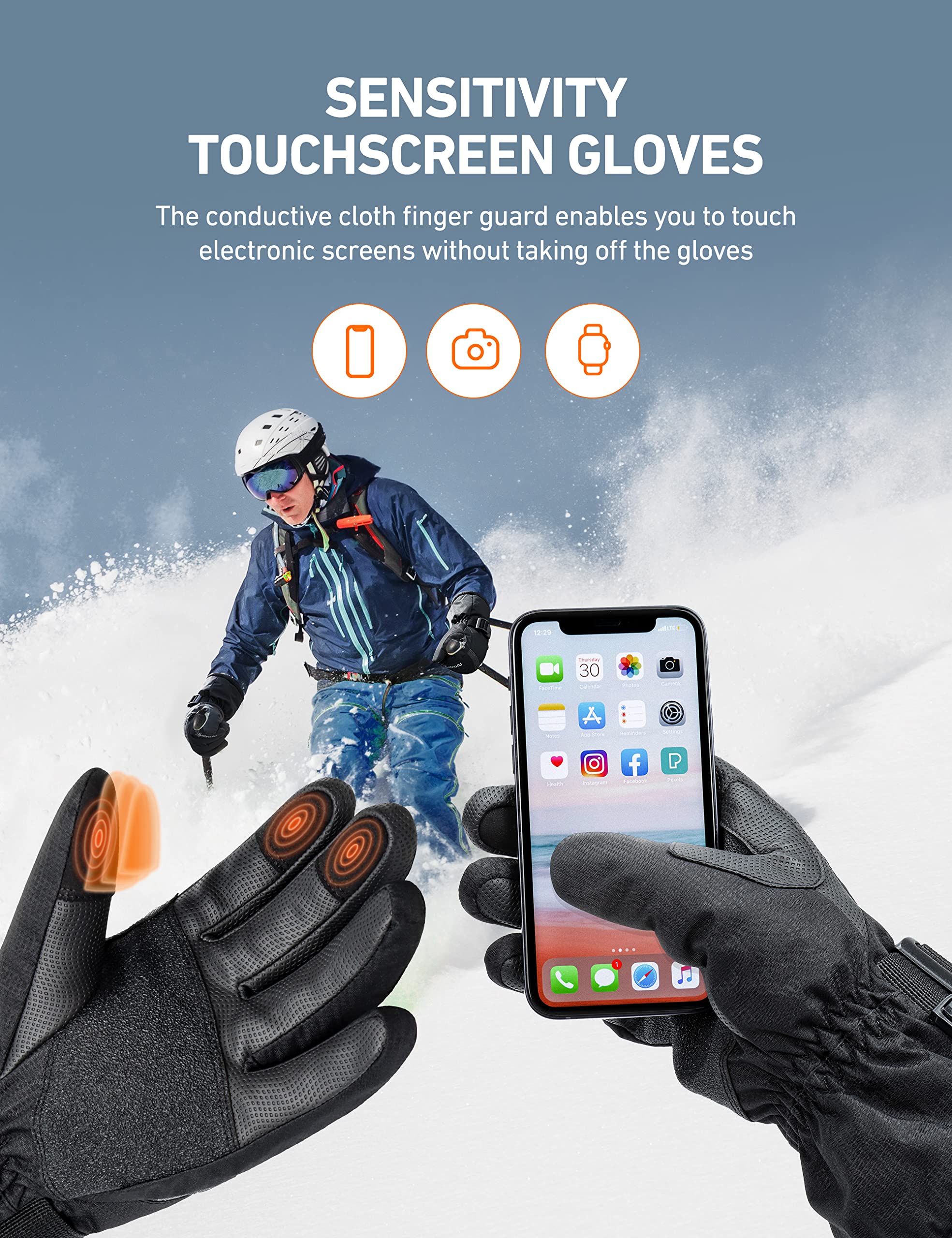 AstroAI 27 Inch Snow Brush and Detachable Ice Scraper Orange+AstroAI Waterproof Gloves Winter Gloves Men Snow Gloves