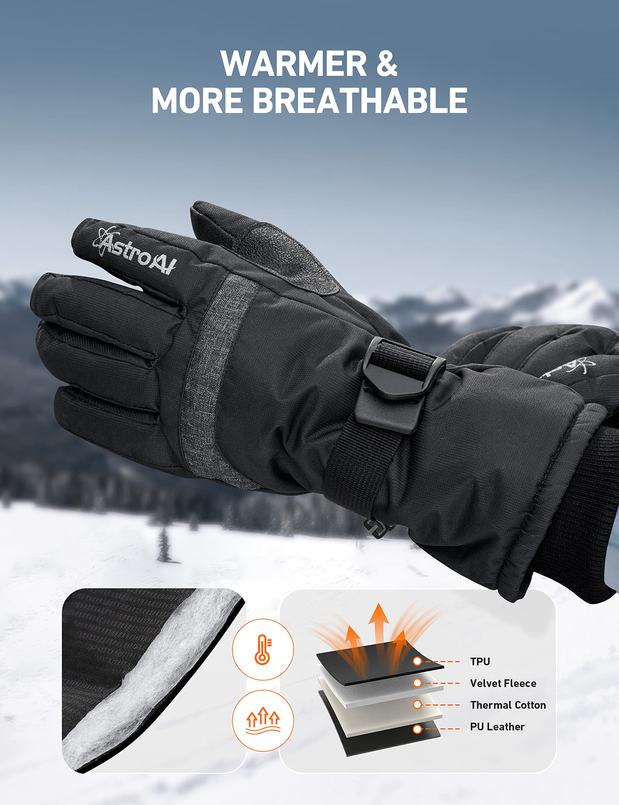 AstroAI 27 Inch Snow Brush and Detachable Ice Scraper Orange+AstroAI Waterproof Gloves Winter Gloves Men Snow Gloves