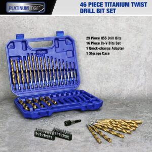 PLATINUMEDGE 46 Pieces Titanium Twist Drill Bit Set with Cr-V Bits, Hex Shank Drill Bit Set, 29 Pieces HSS Drill Bits from 1/16” to 1/2”, 1 Quick-Change Adapter, 16 Pieces Cr-V Bits, Quick Change