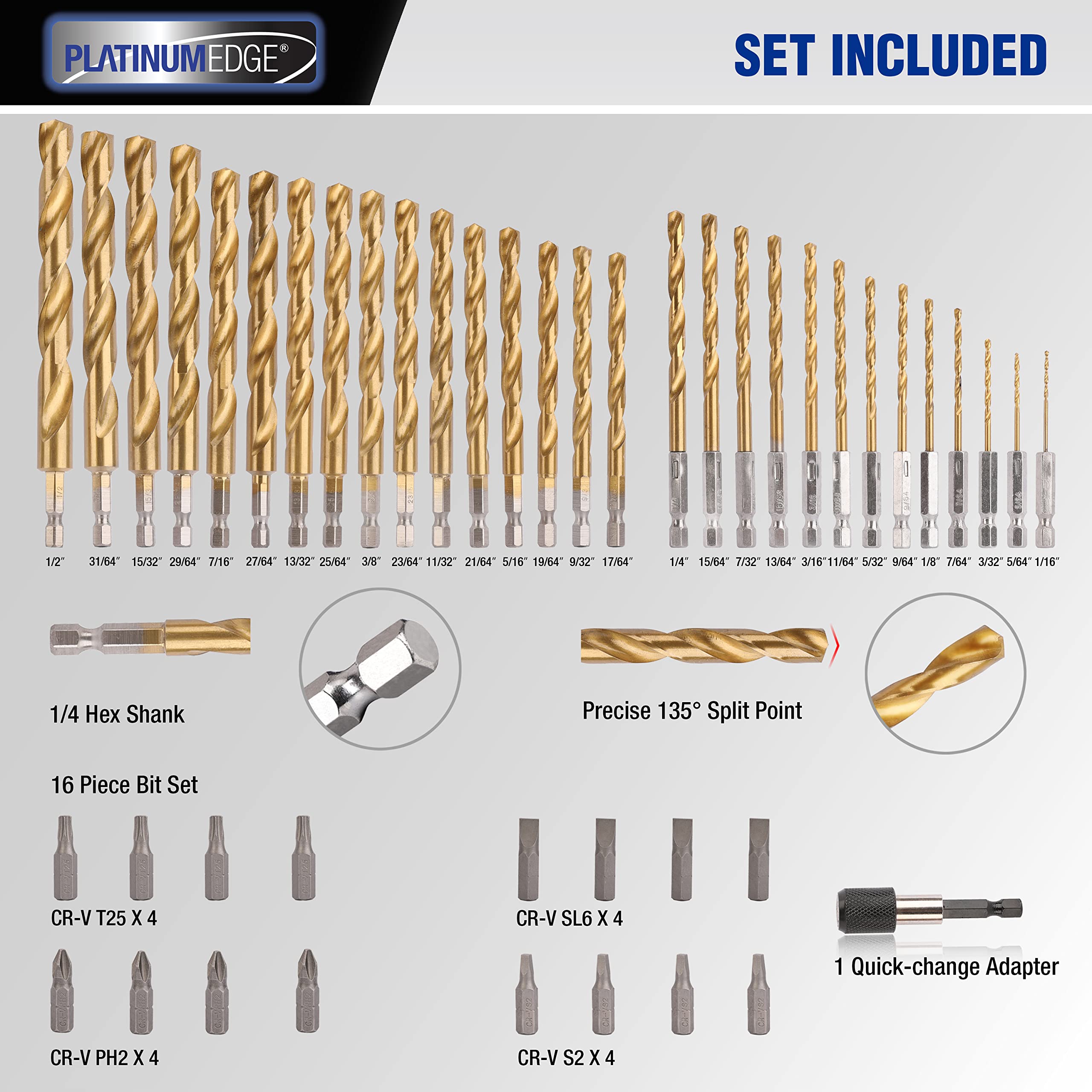 PLATINUMEDGE 46 Pieces Titanium Twist Drill Bit Set with Cr-V Bits, Hex Shank Drill Bit Set, 29 Pieces HSS Drill Bits from 1/16” to 1/2”, 1 Quick-Change Adapter, 16 Pieces Cr-V Bits, Quick Change