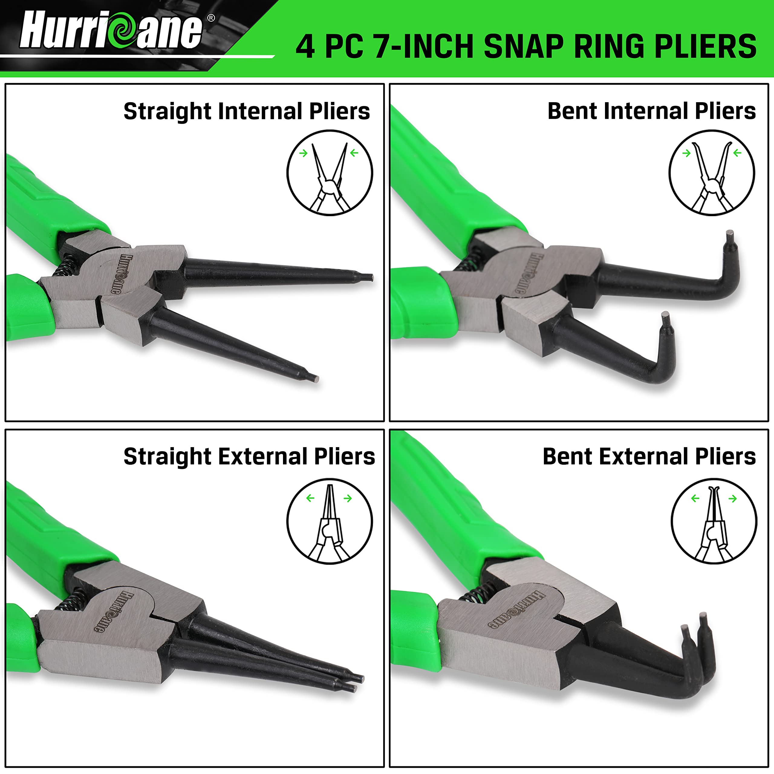 HURRICANE 4 Pieces Snap Ring Pliers Set, 7 Inch Internal & External Circlip Pliers Kit, CR-V Straight & Bent Jaw Pliers, Ideal for Ring Remover Retaining and Remove Hoses, with Portable Storage Pouch
